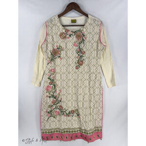 Women’s Embroidered Floral Pearl Kurta Tunic Boho Ethnic Festival Top Medium